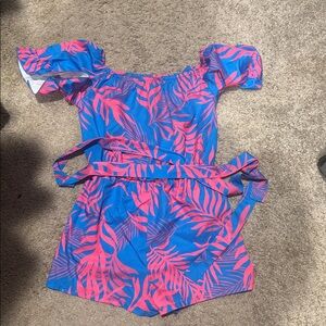 Blue and Pink Leaf Print Romper medium